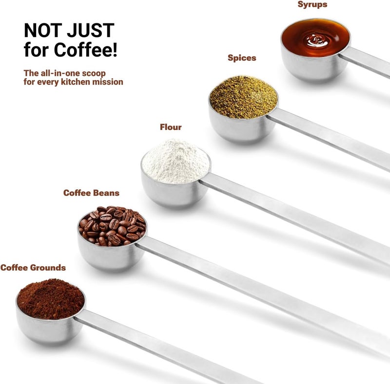 LimeFlex 2PCS Coffee Scoop Set,1 Tbsp (15ml) & 2 Tbsp (30ml) Coffee Measuring Spoons,for measuring ground coffee, protein powder, tea,Silver long-handled measuring spoon,for deep jars,coffee bags. - Image 5